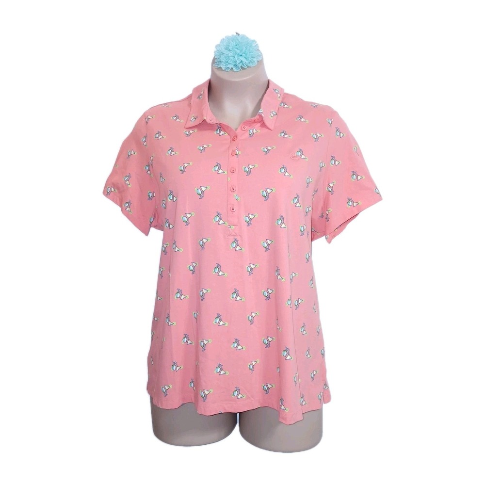 Gloria Vanderbilt Women Polo Shirt Top 2X Coral Margarita Wine Cocktail Novelty